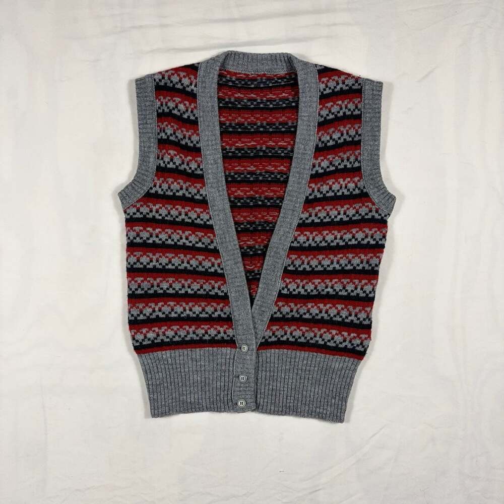 Vintage Fair Isle Button Up Sweater Vest Size S Red Gray